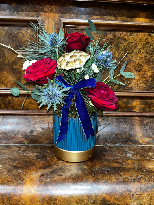 Festive blue floral arrangement