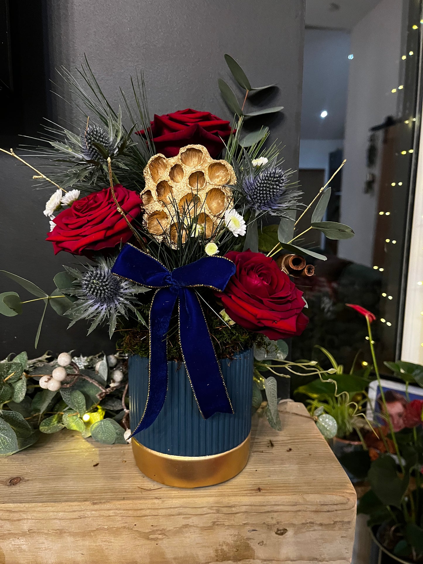 Festive blue floral arrangement