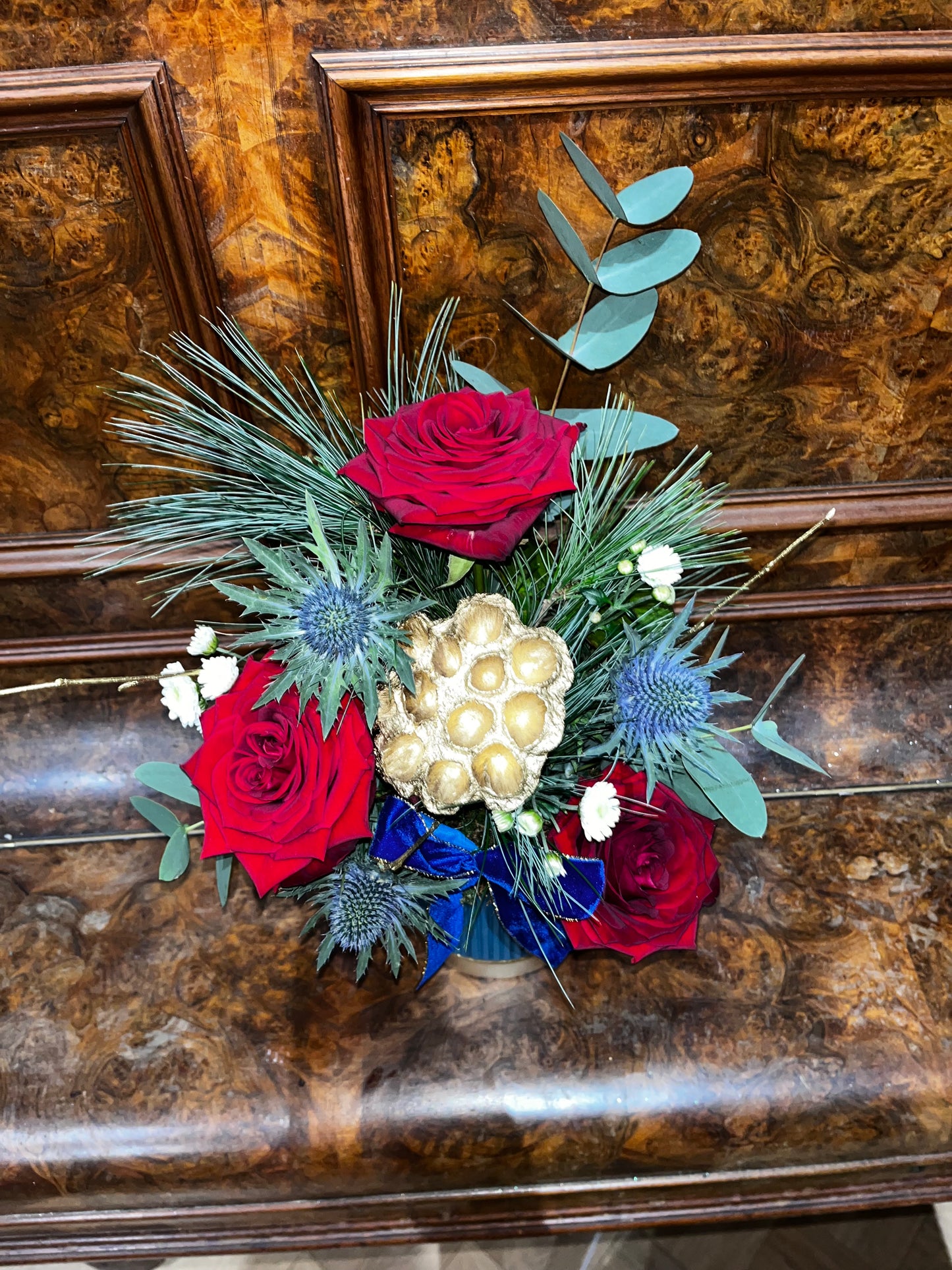 Festive blue floral arrangement