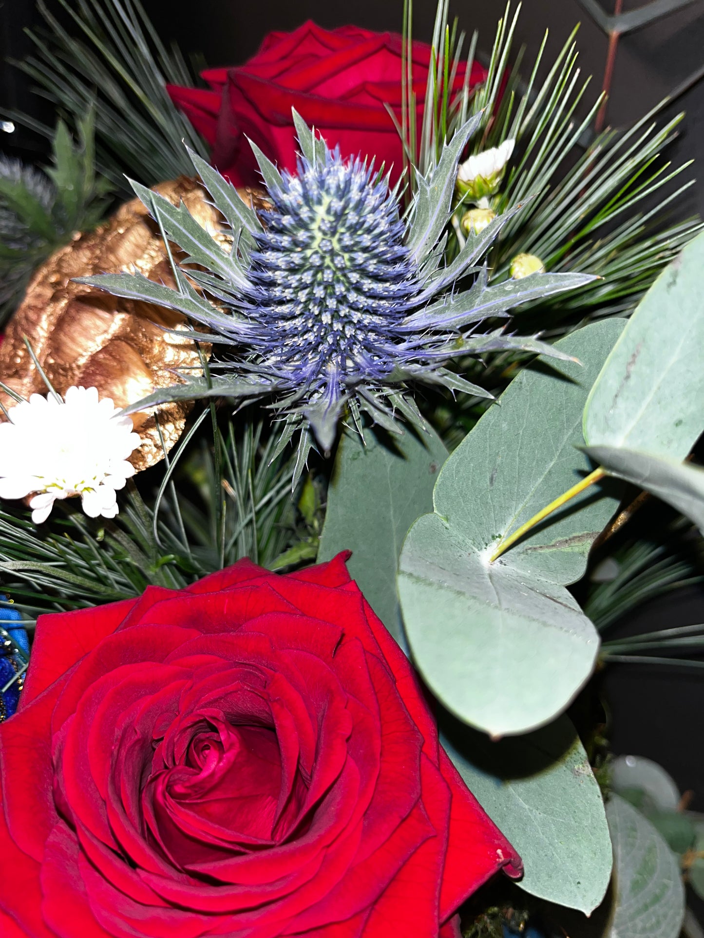 Festive blue floral arrangement