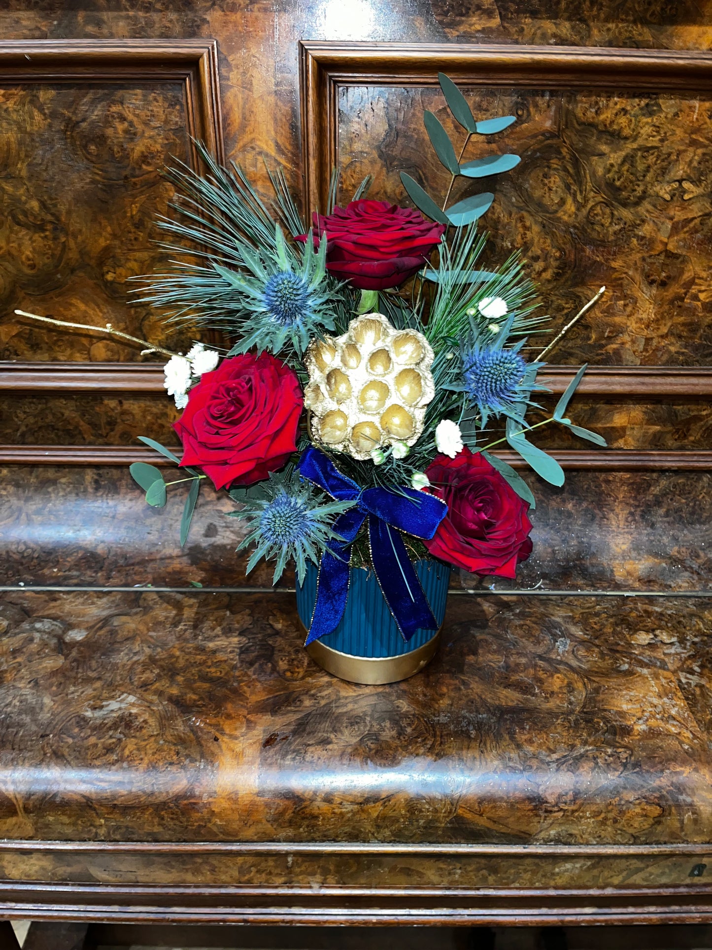 Festive blue floral arrangement