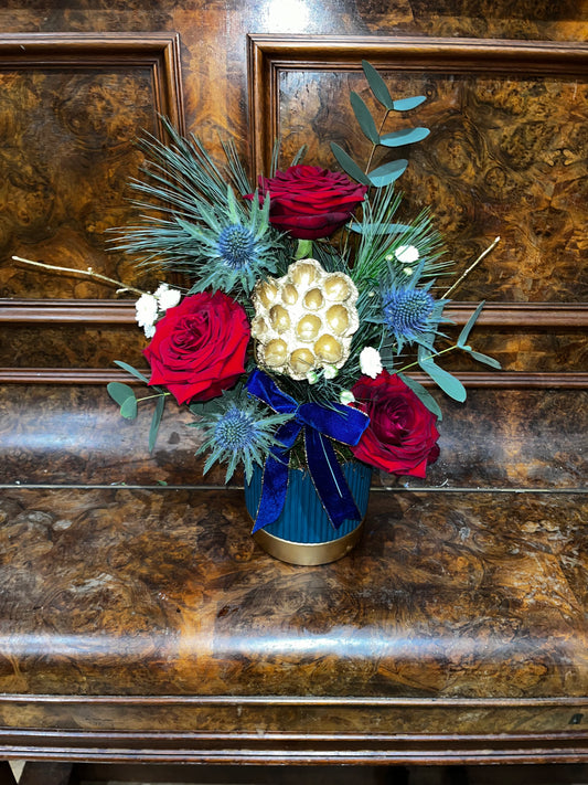 Festive blue floral arrangement