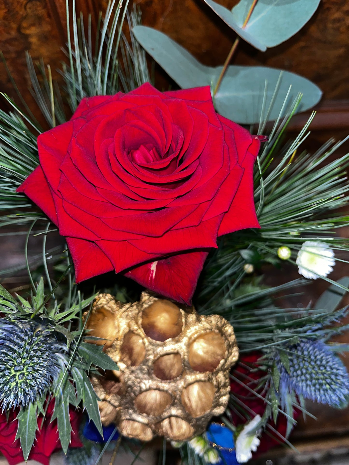 Festive blue floral arrangement