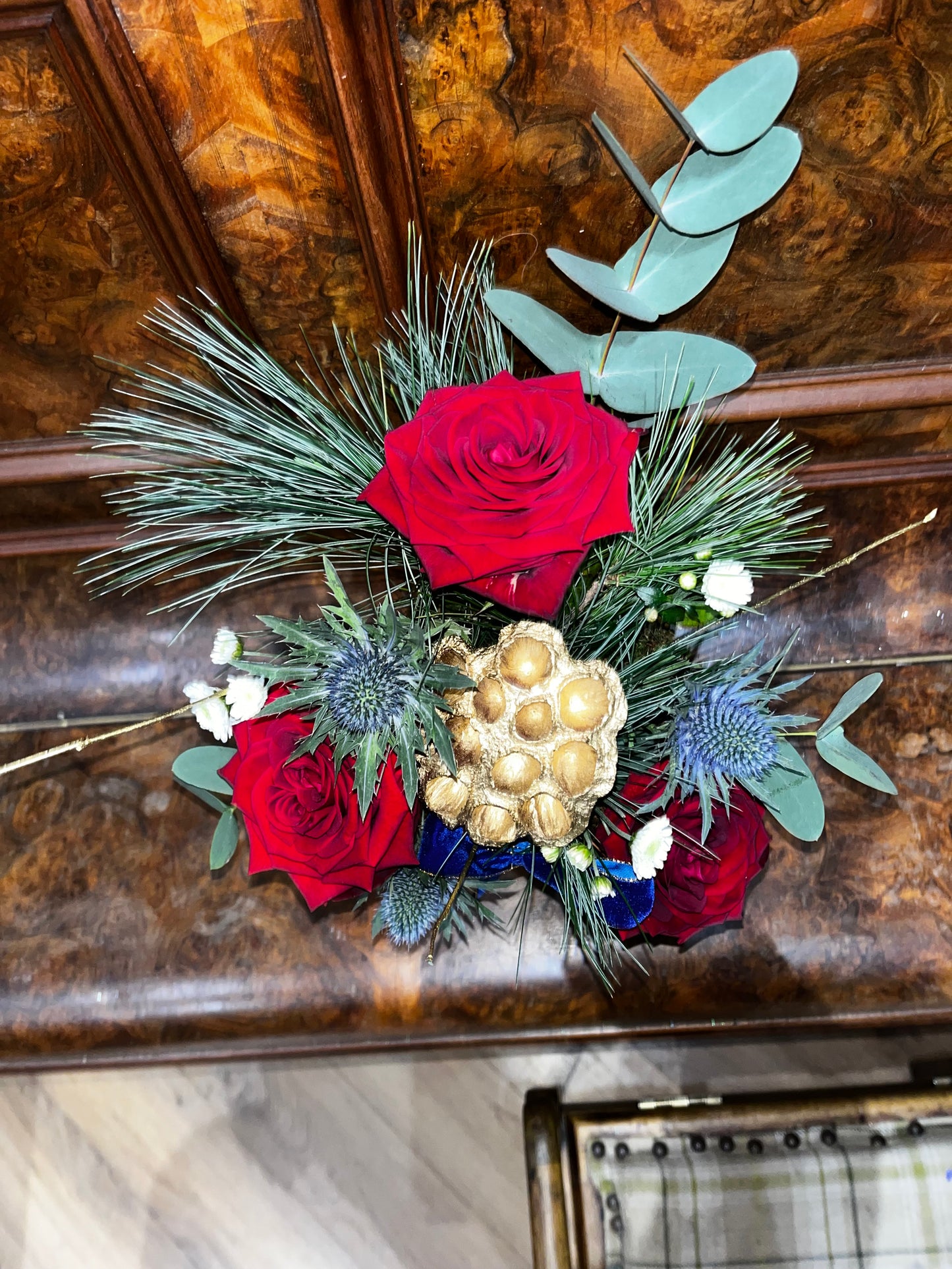 Festive blue floral arrangement